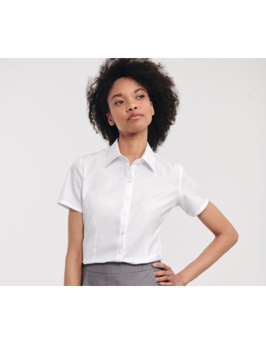 RUS-0R963F0-Ladies' Short Sleeve Tailored Herringbone Shirt